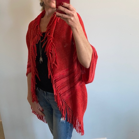Red Fringed Sweater Kimono/Wrap - Picture 3 of 7